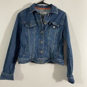 Merona Women's XS Blue Denim Jacket Faux Fur Hood Button-Up Casual